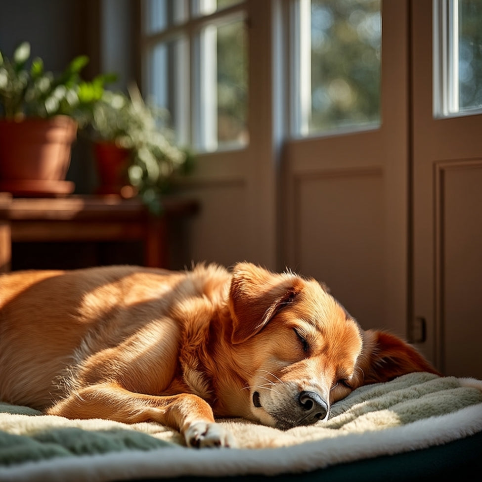 Chien dort dans un sommeil profond sur son matelas orthopédique chien
