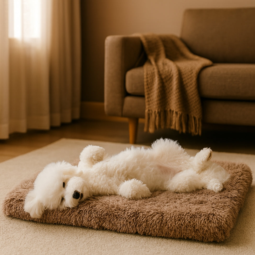 chien dort profondément sur son dos, posé sur matelas pour chien à mémoire de forme