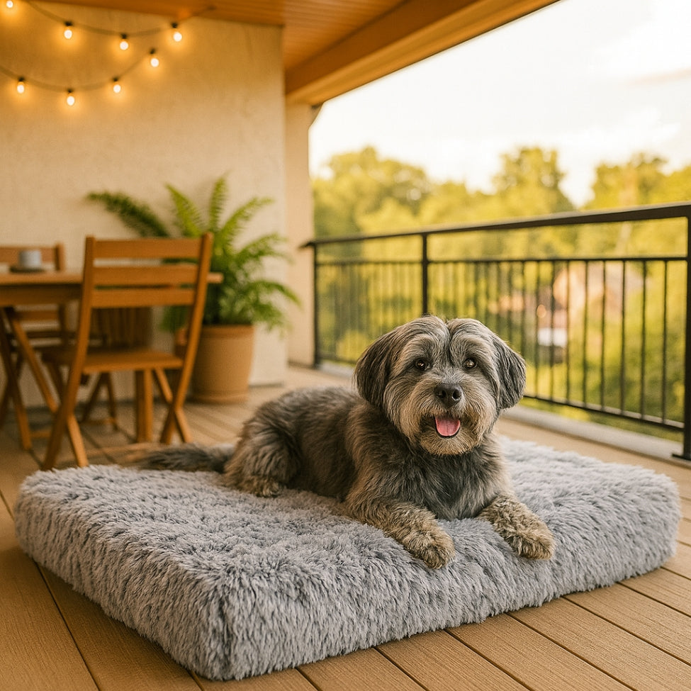 Chien allonge sur son matelas pour chien à mémoire de forme, sur véranda 