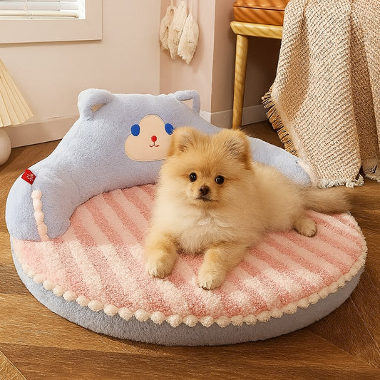petit spitz allongé sur matelas chien, observe attentivement