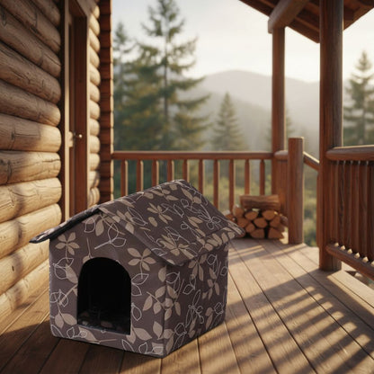 Niche chien intérieur à motif feuilles, placée sur une véranda