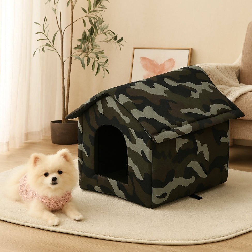 Petit spitz devant sa niche pour chien intérieur moderne