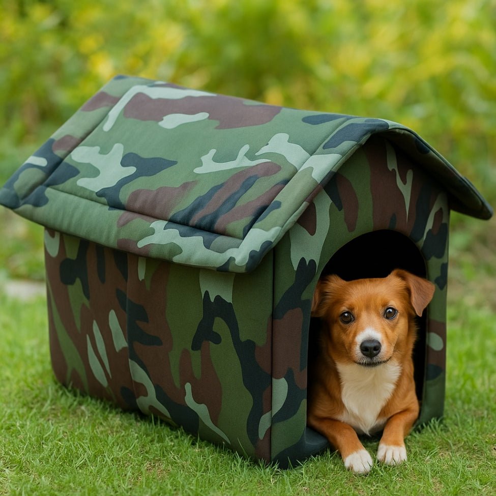 Chien allongé à l’intérieur d’une niche pour chien intérieur camouflage