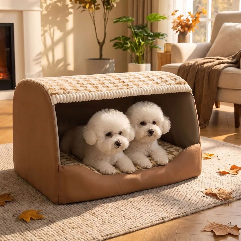 Deux bichons frisés installés dans une niche pour chien intérieur confortable