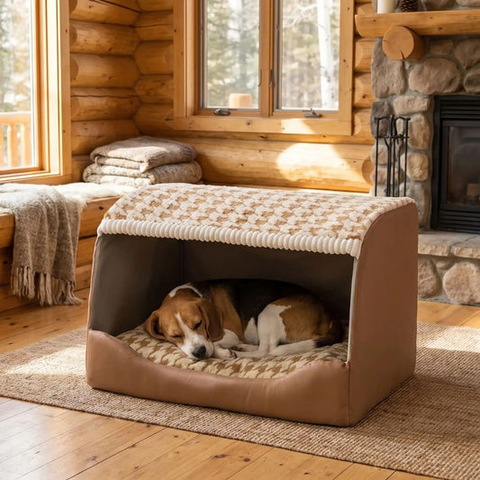 Beagle dort dans une niche pour chien intérieur marron, dans un chalet en bois