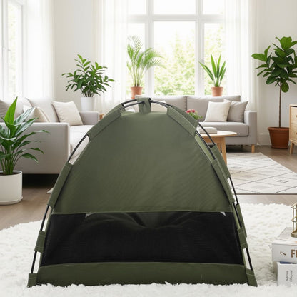 Vue arrière en maille d’une niche pour petit chien vert