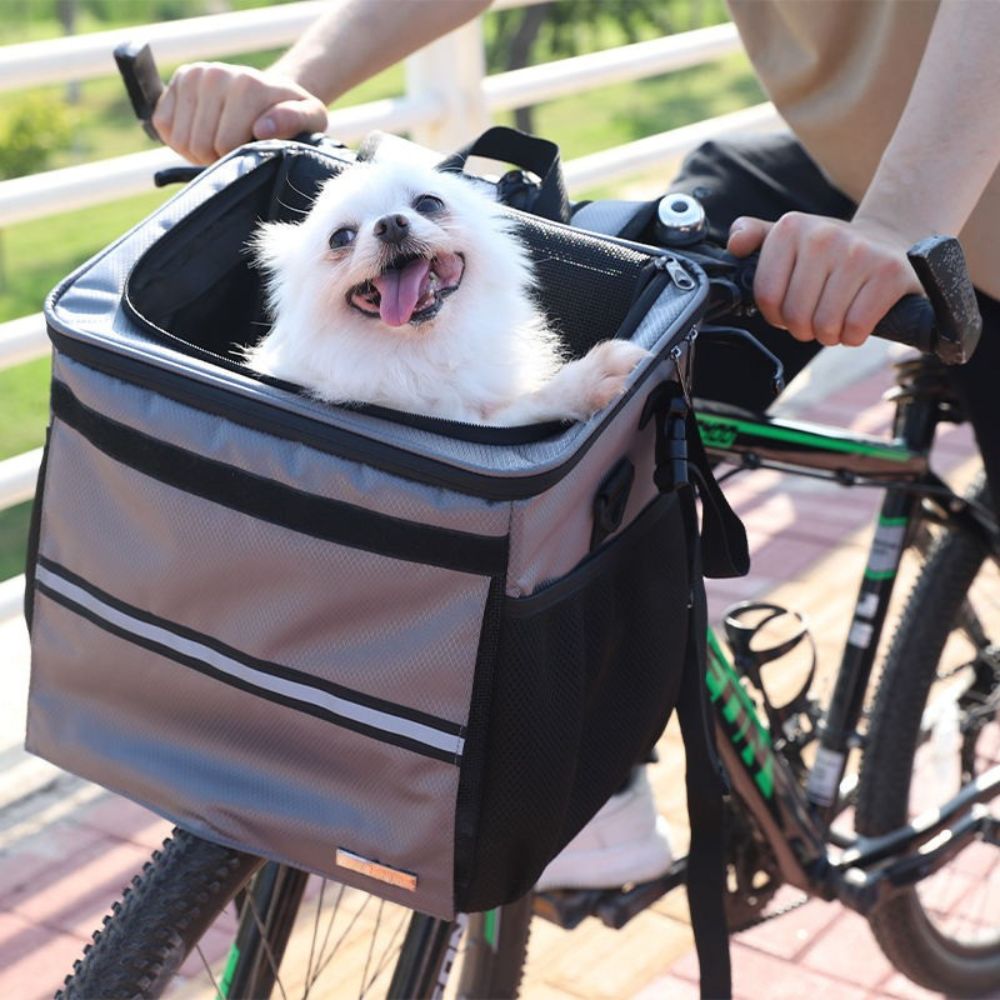 panier chien velo confortable avec ouverture aérée pour petit poméranien installé à l’avant lors des balades