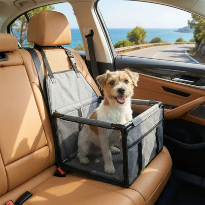 Dans un panier chien voiture, un petit chien profite de l’air qui circule librement à travers les panneaux latéraux près d’une vitre ouverte