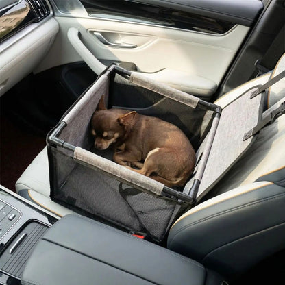 Chihuahua endormi dans un panier chien voiture confortable, vu du dessus dans un moment de repos apaisant