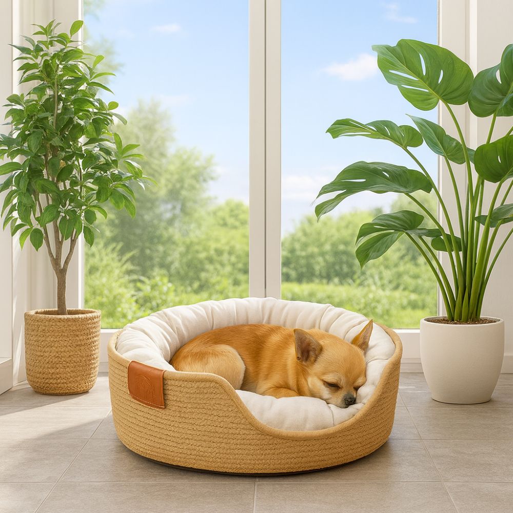 Panier en osier pour chien avec un coussin moelleux, idéal pour apaiser un petit toutou