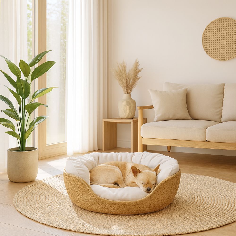 Un panier en osier pour chien au style original pour un salon lumineux, avec un chiwawa détendu