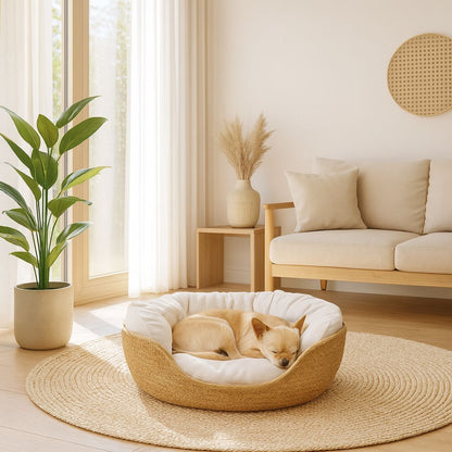 Un panier en osier pour chien au style original pour un salon lumineux, avec un chiwawa détendu