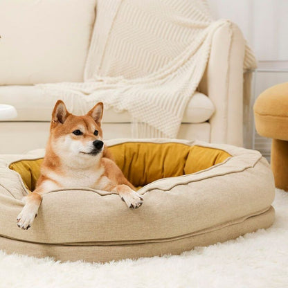 Shiba assis dans un panier orthopédique chien avec intérieur jaune ocre et matelas soutien articulaire
