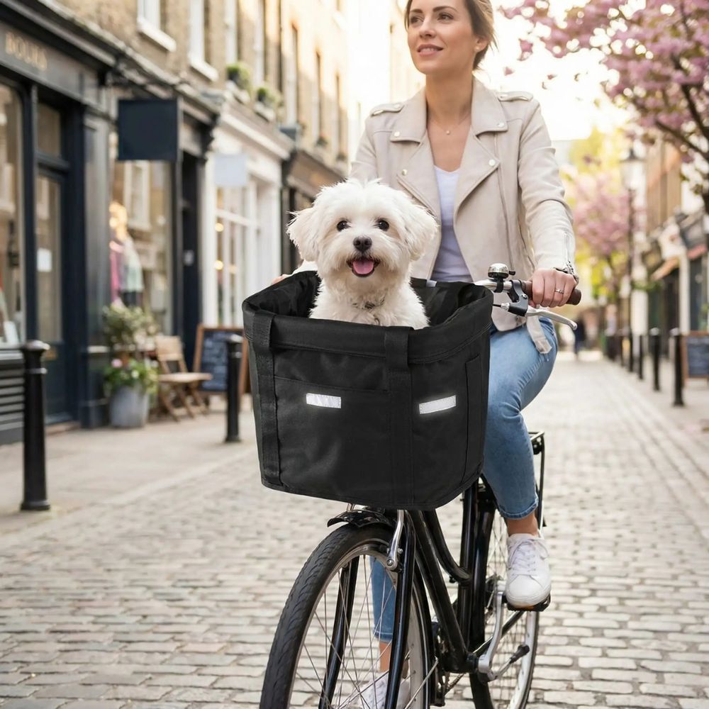 panier pour chien à vélo avec un bichon confortablement installé lors d’une promenade en ville