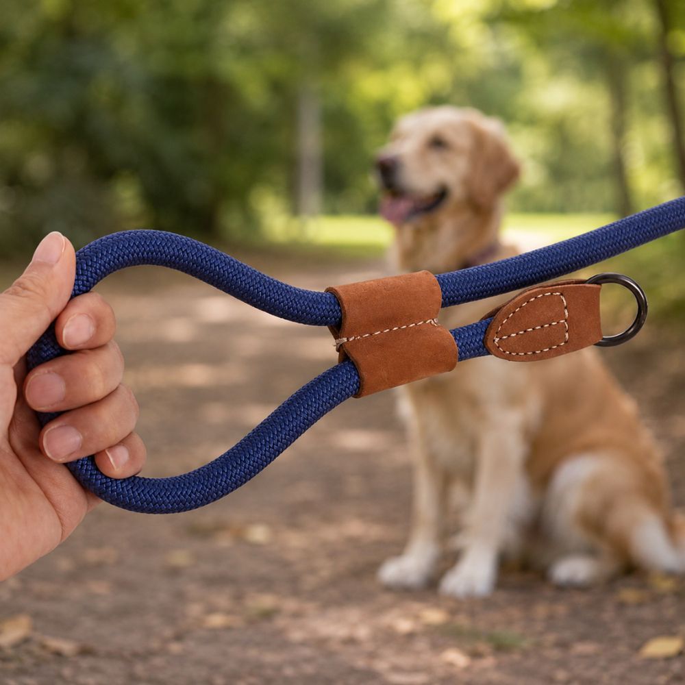 poignet ergonomique d’une laisse lasso pour chien bleue avec golden retriever dans un intérieur lumineux