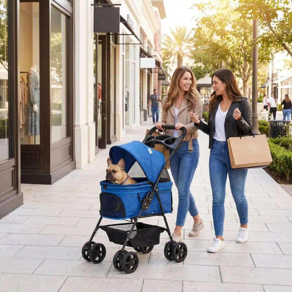 Poussette chien design avec un bouledogue lors d’une sortie shopping avec deux femmes