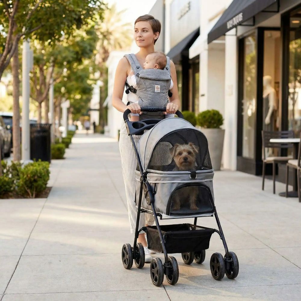 Maman en promenade en ville avec une poussette chien à roues multidirectionnelles et petit chien à l’intérieur