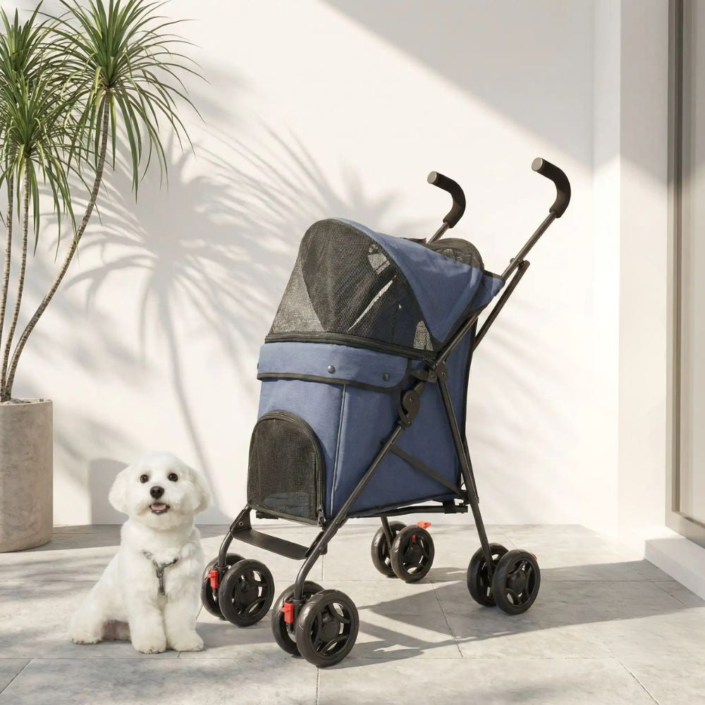 Poussette pour chien bleue solide avec une structure en acier