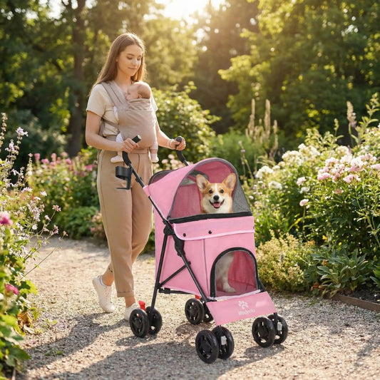 Jeune maman en promenade au parc avec son bébé et un corgi installé dans une poussette pour chien élégante