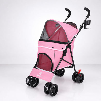 Poussette pour chien rose ouverte, présentée seule sur fond studio clair