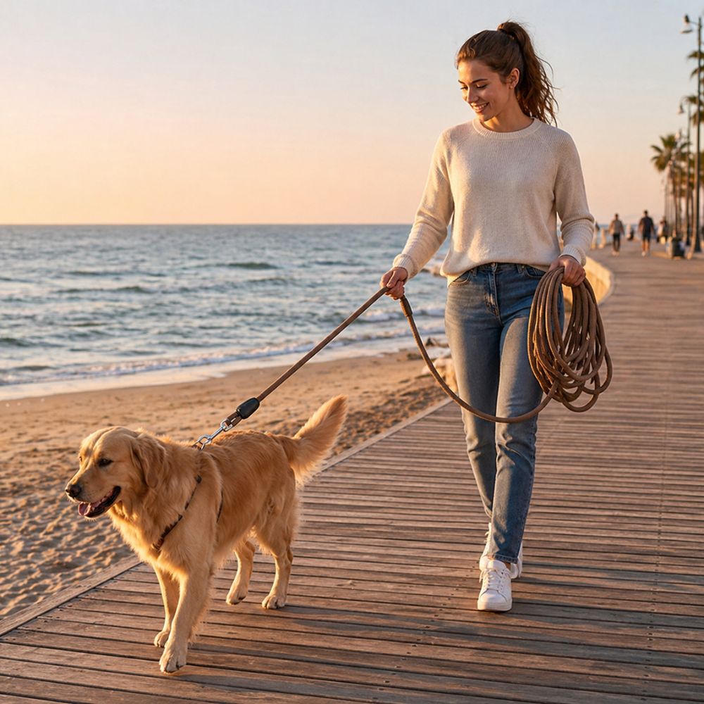 jeune femme promenant son chien avec une longe pour chien marron sur une promenade en bord de mer