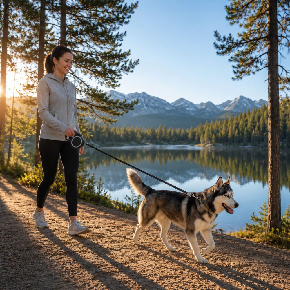 femme marchant avec un husky grâce à une laisse enrouleur pour gros chien au bord d’un lac
