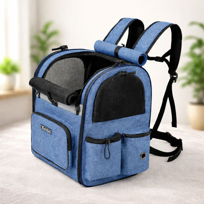 sac à dos pour chien bleu respirant avec structure robuste et fenêtres en maille