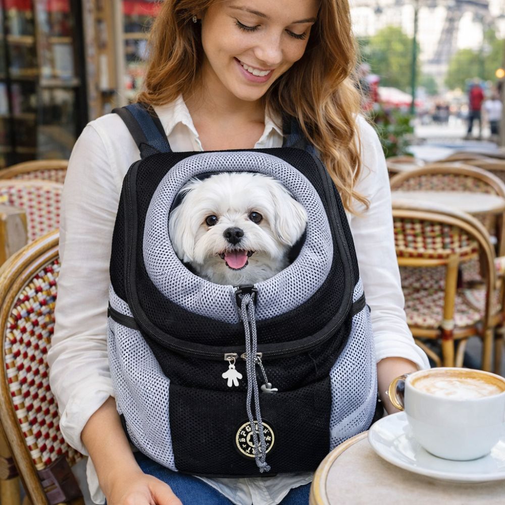 Sac à dos transport chien porté devant dans un café parisien avec bichon maltais
