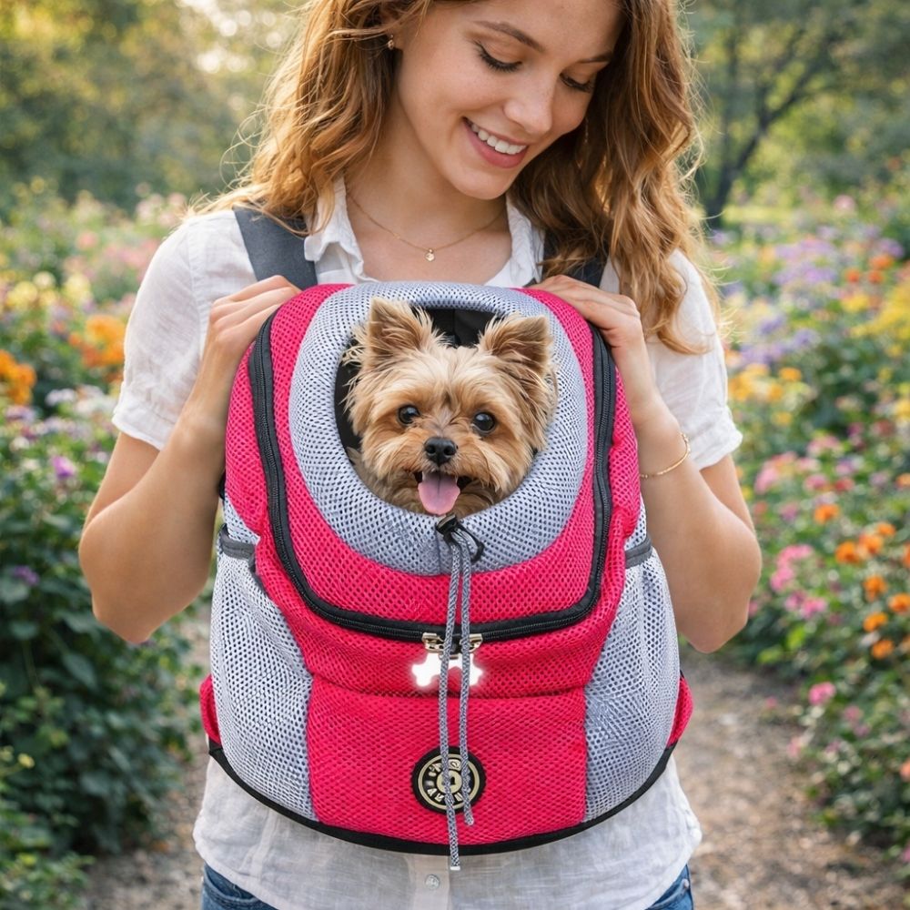 Sac à dos transport chien porté lors d'une promenade dans un parc avec petit chien