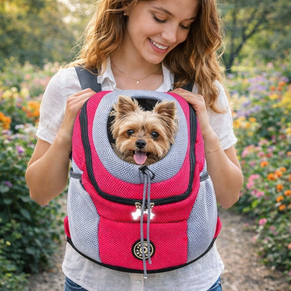 Sac à dos transport chien porté lors d'une promenade dans un parc avec petit chien