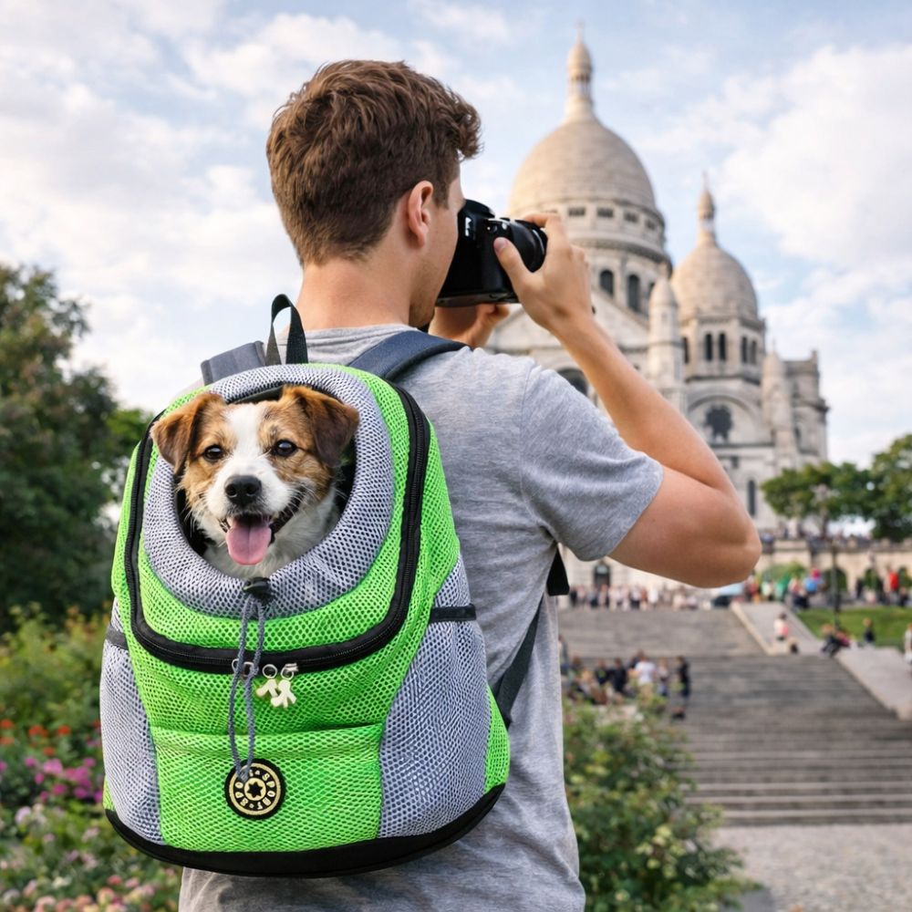 Jeune homme qui prend des photos, porte un sac à dos transport chien avec un jack russell