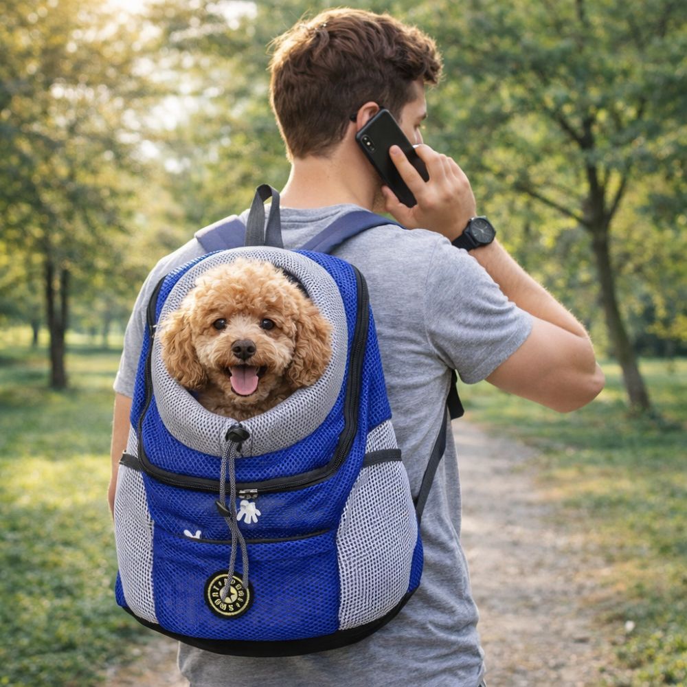 Sac à dos transport chien porté par un homme parlant au téléphone dans un parc
