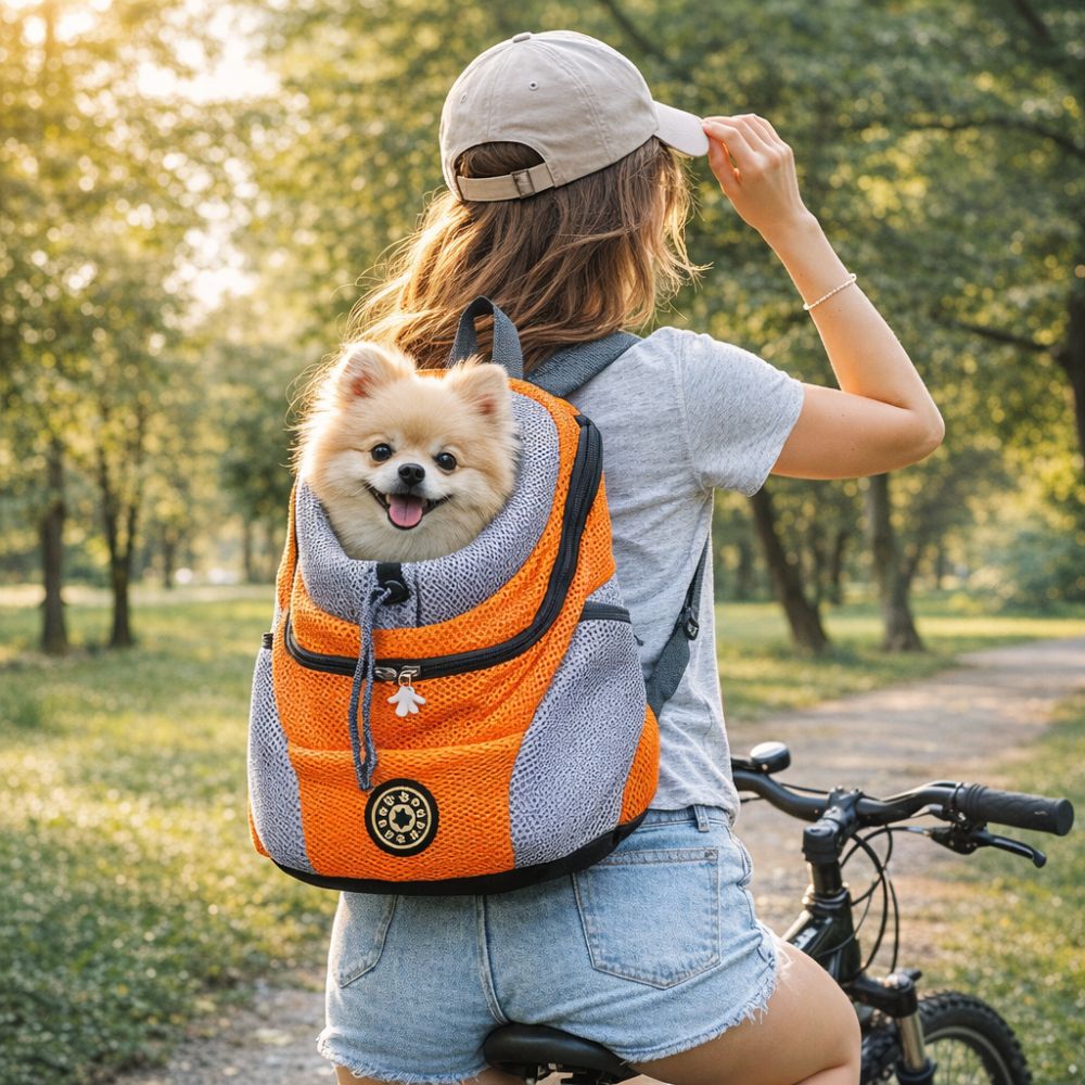 Sac à dos transport chien porté à vélo dans un parc avec petit chien qui sort la tête