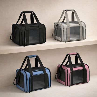 Collection de sacs de transport chien respirants présentés en plusieurs couleurs élégantes pour voyager avec son chien