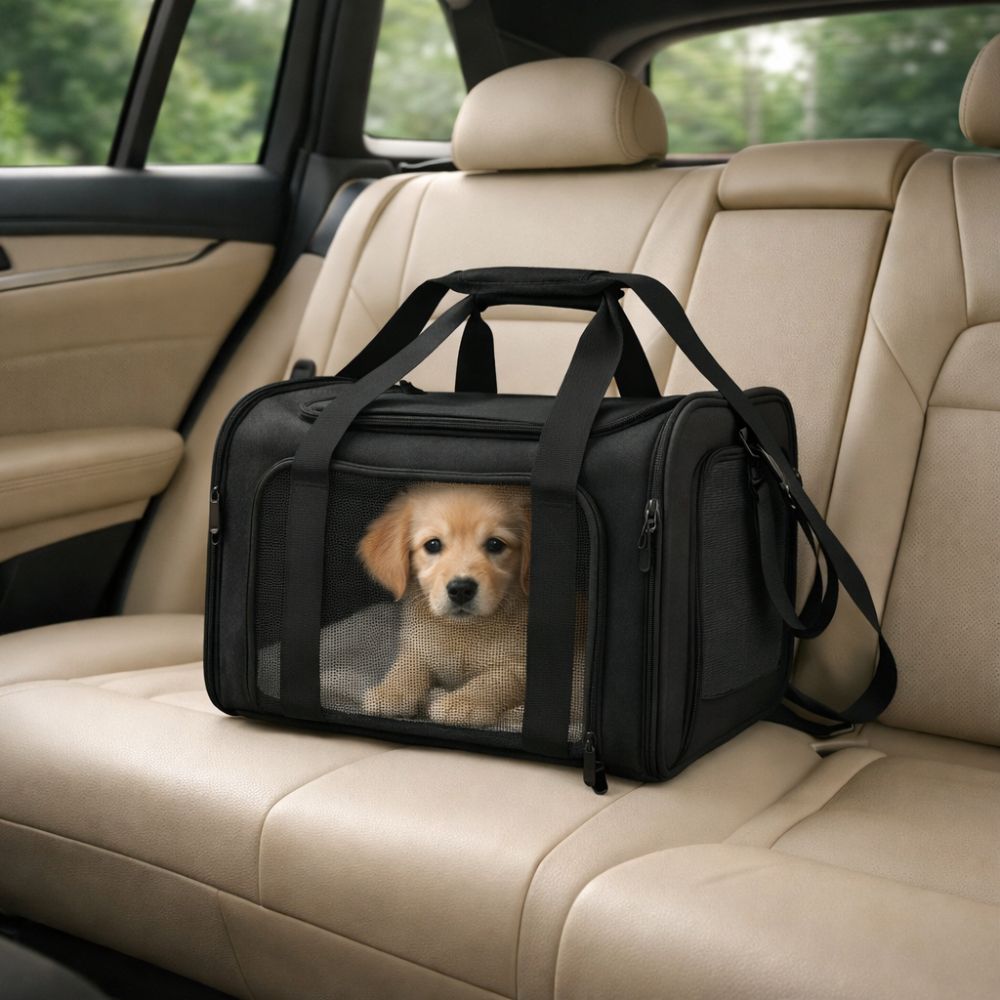 Sac de transport chien noir posé sur le siège arrière d’une voiture avec un chiot confortablement installé à l’intérieur