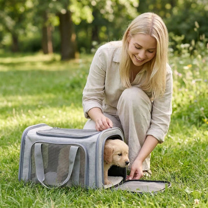 Sac de transport chien ouvert dans un parc pendant que la maîtresse aide son chiot à sortir du sac respirant