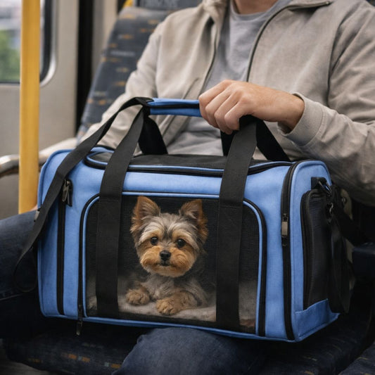 Yorkshire installé dans un sac de transport chien porté par son maître lors d’un trajet en transport en commun