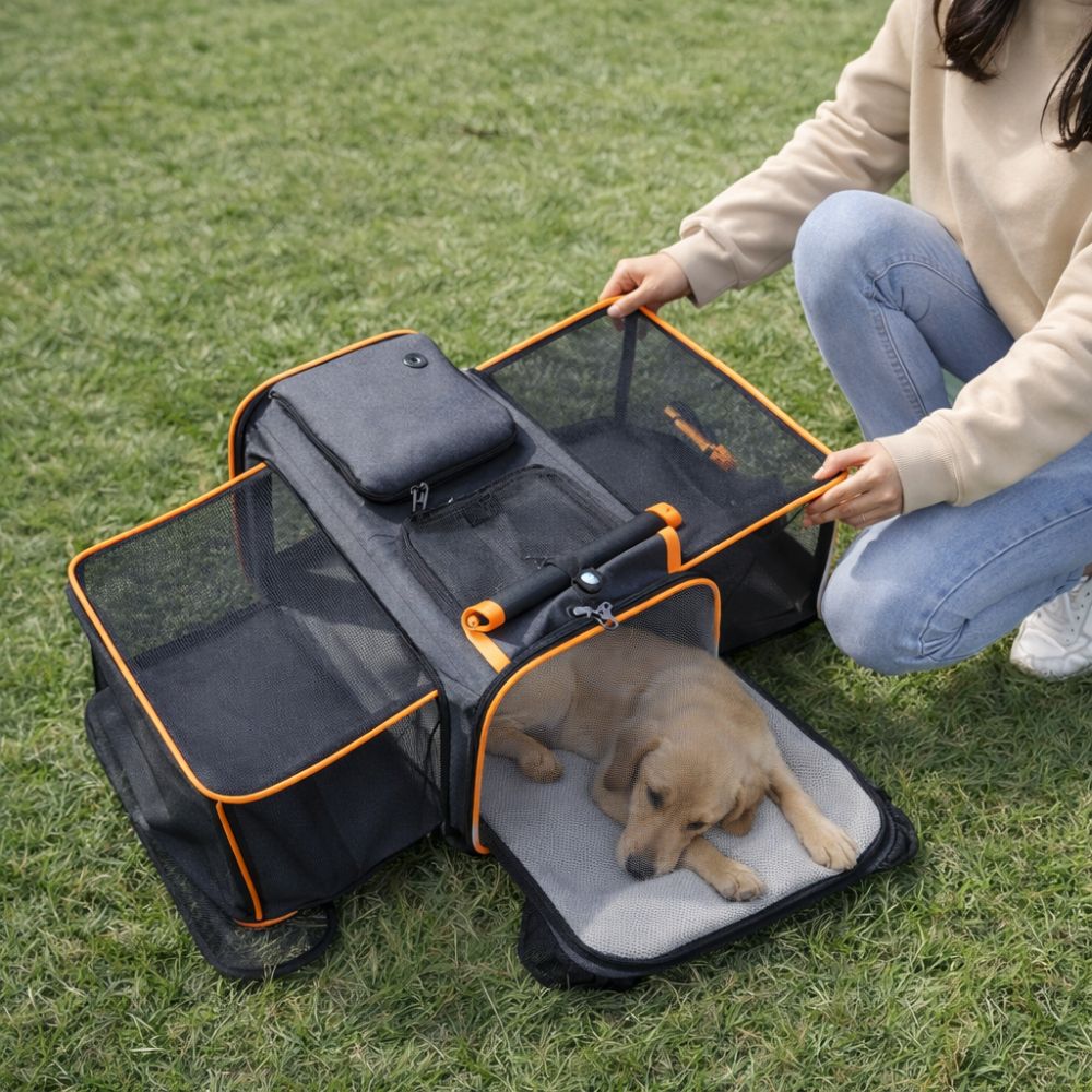 sac de transport pour chien extensible ouvert dans un parc pour offrir plus d’espace au chien