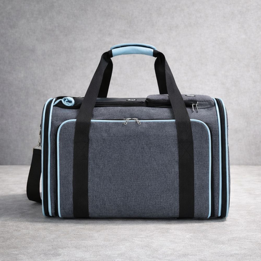 sac de transport pour chien gris avec bordures bleues et design solide pour les déplacements