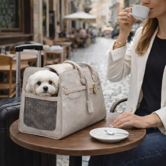 sac transport chien avion avec petit chien à terrasse de café pendant voyage