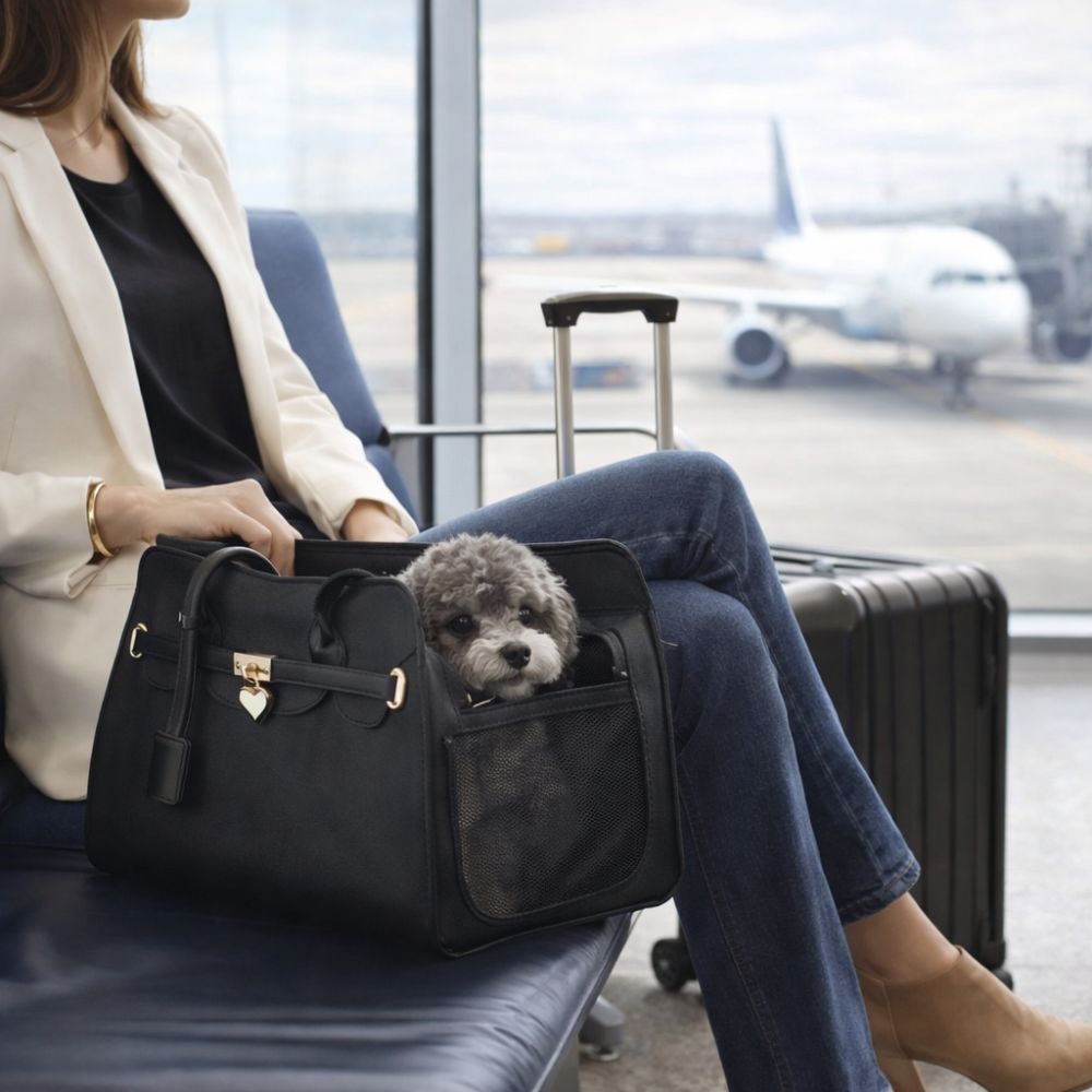 sac transport chien avion noir avec petit chien en salle d’embarquement