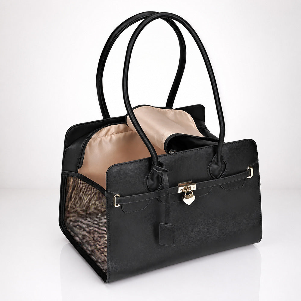 Sac transport chien avion noir en cuir PU avec panneaux respirants