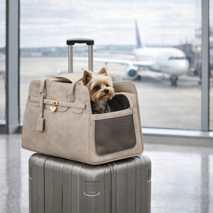 sac transport chien avion posé sur valise cabine avec petit chien à l’aéroport