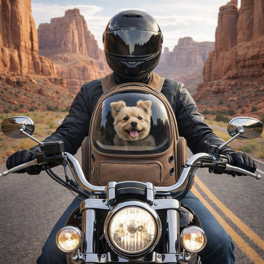 Sac transport chien moto porté à l'avant par un motard roulant sur une route panoramique dans les canyons