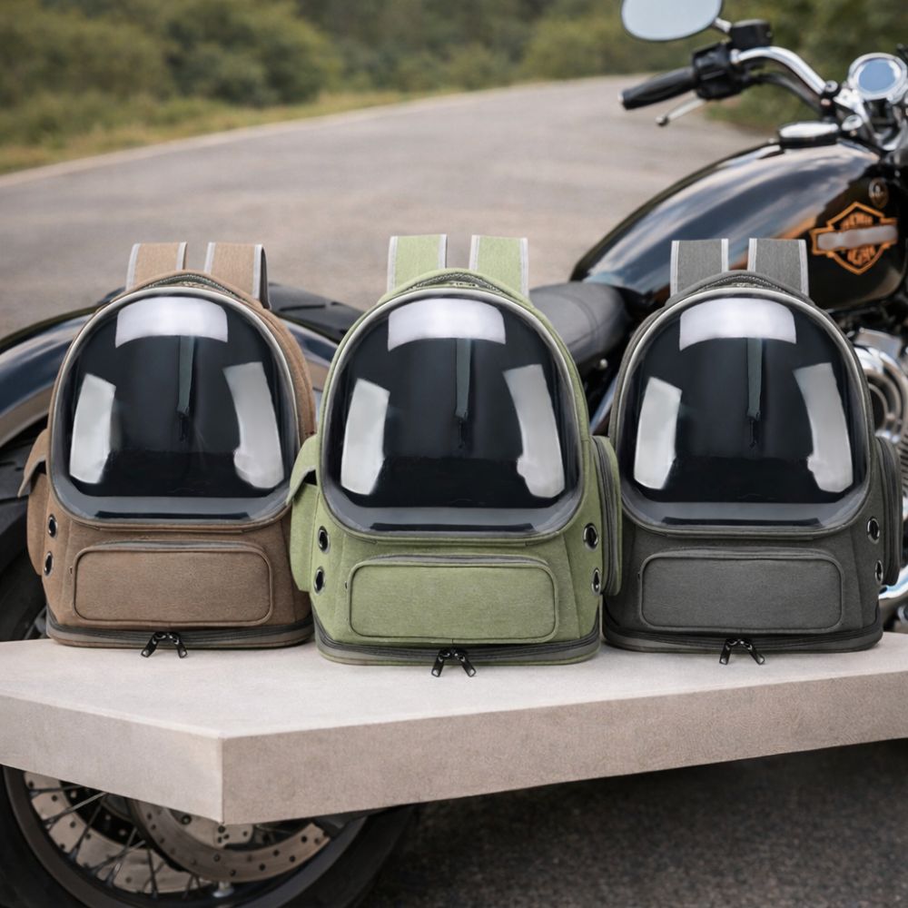 Trois sacs transport chien moto présentant différentes couleurs avec moto en arrière plan