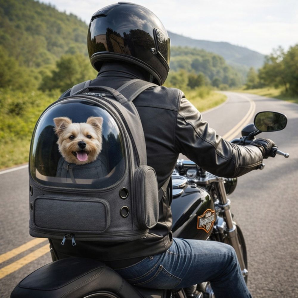 Sac transport chien moto porté par un motard avec chien installé dans le sac pendant une balade sur la route