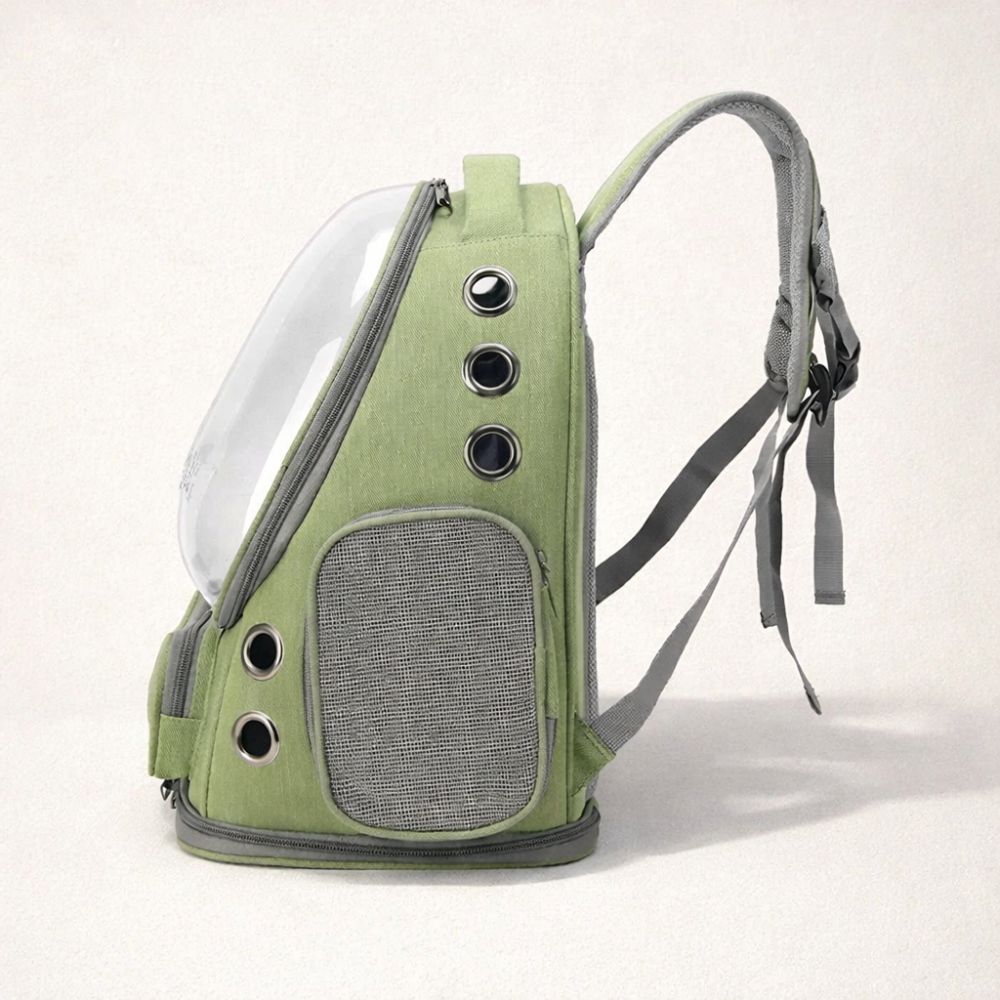Vue de profil sac transport chien moto avec ventilation latérale et bulle transparente pour chien