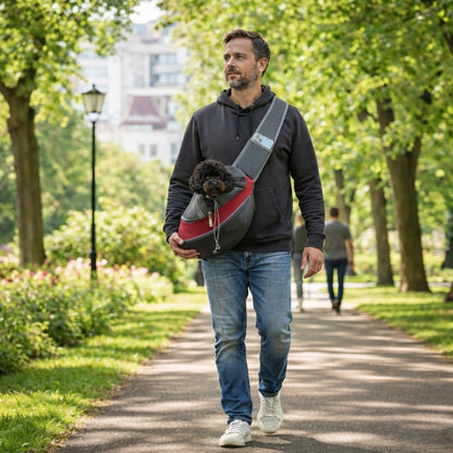 sac transport petit chien confortable porté en promenade dans un parc avec chien installé dans le sac