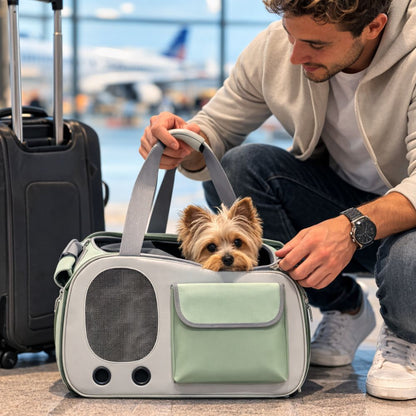 Petit Yorkshire dans un sac transport pour chien prêt pour un voyage avec son maître