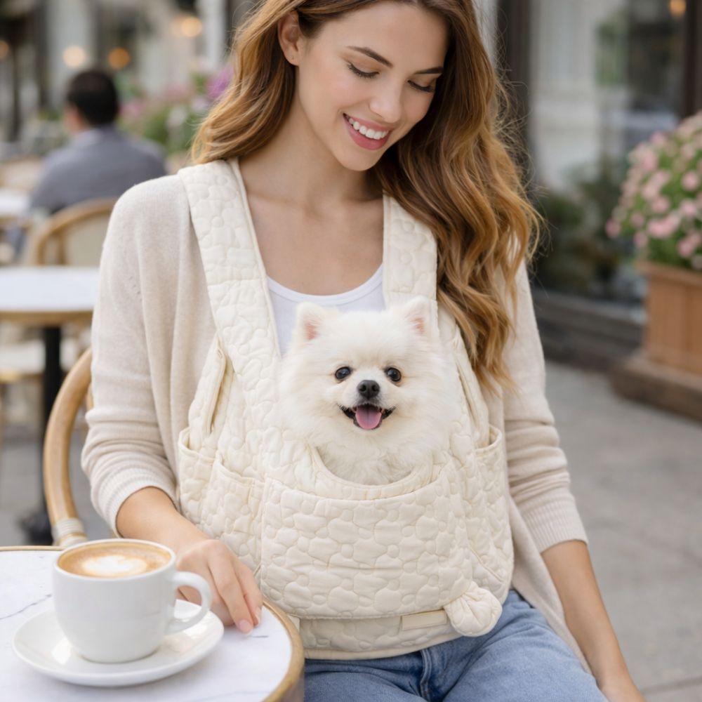 Jeune femme portant son spitz dans un sac ventral pour chien, assise à la terrasse d’un café parisien